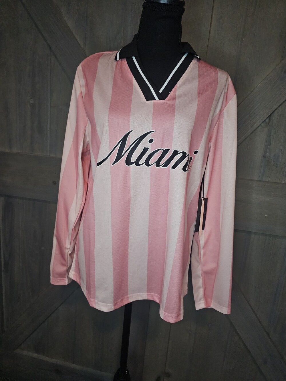 NWT IRIS Miami Pink Striped Long Sleeve Jersey Top Size S